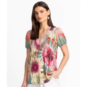 Johnny Was Janie Favorite V-Neck Puff Sleeve Tee - NWT, Size PM